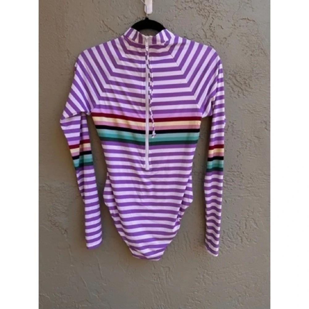 Bikini Lab NEW Purple Striped Long Sleeve One Piece Swimsuit Rash Guard MEDIUM